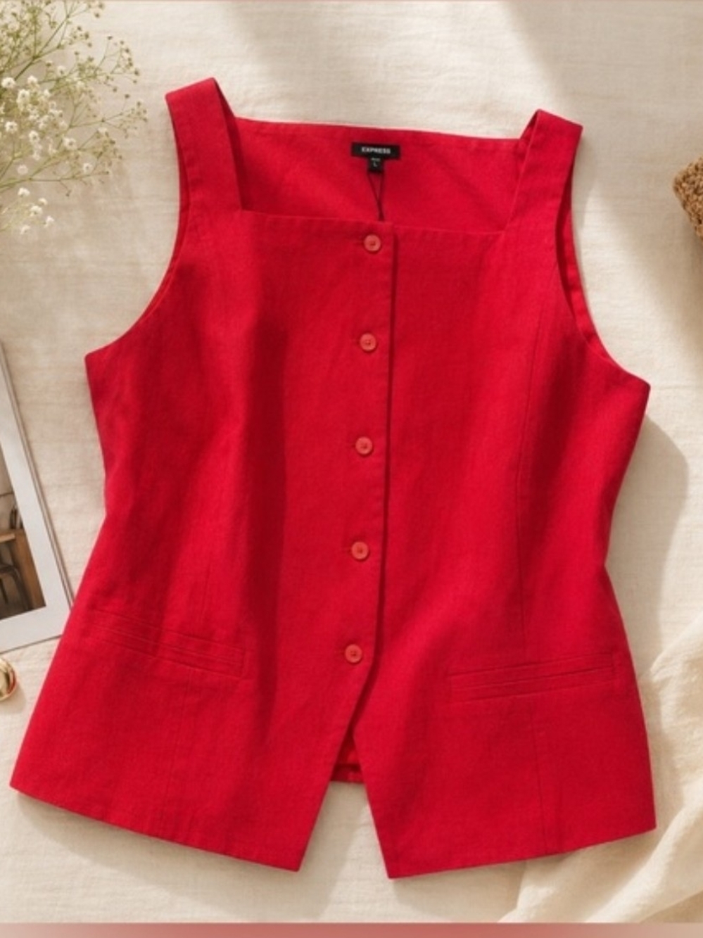 NWOT: Express Women's Red Button-Front Sleeveless Vest Top